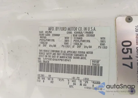 2000 Ford Ranger Xl/Xlt z USA, uszkodzony, nr VIN 1FTYR10V6YPB18941